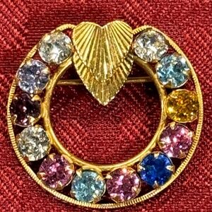 Vintage CC Curtis Creations Heart Wreath Brooch w Birthstone Rhinestones